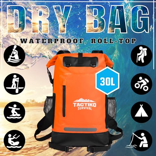 TACTIKO 35L Heavy-Duty 100% Waterproof Backpack, Roll Top Dry Bags for Kayaking, Hiking, Camping, Survival - color: Orange
