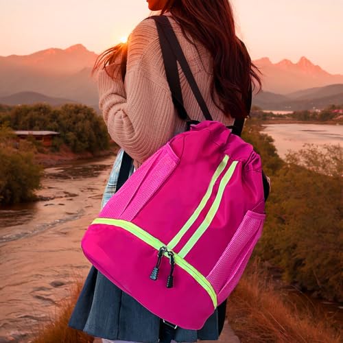 Drawstring Backpack with Shoe Compartment,Water Resistant Sports Gym Bag,String Bag for Men Women,Soccer,Basketball - color: Rose