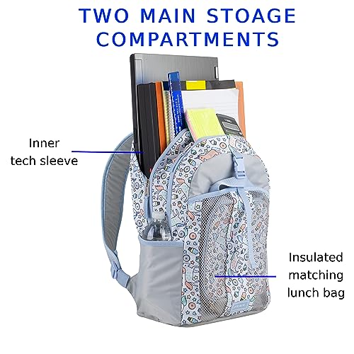 FUEL Lunch Backpack Set Teens Student Water Resistant Bookbag Bag Soft Reusable Insulated Cooler Lunch Box Thermal Travel Office Lunch Bag, Light Blue Magic Donuts - color: Magic Donuts