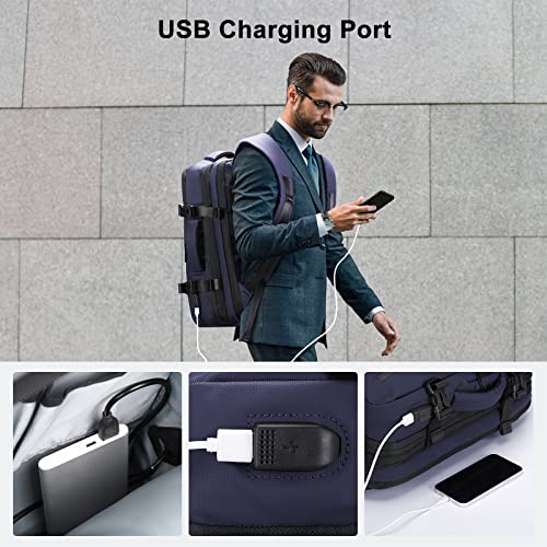 HOMIEE 40L Expandable Carry on Backpack Fit 15.6 Inch Laptop with USB Charging Port for Business Weekender, TSA Approved Personal Item Travel Backpack Waterproof Luggage Suitcase - color: Blue