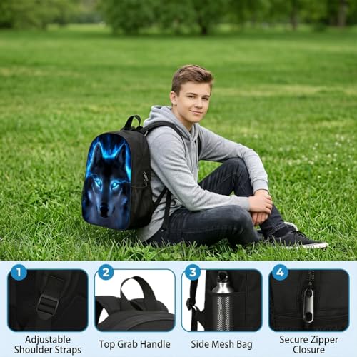 3-Pieces Backpack Set, Themed Backpack for Wolf – Multifunctional Large Capacity Daypack with Lunch Bag & Case for Daily Life - style: Wolf