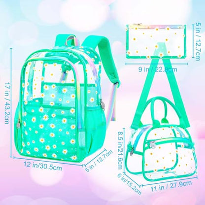gxtvo 3PCS Clear Bookbag Heavy-Duty Set for Women & Teen Girls, 17" Green Transparent Backpack with Rainbow Strap, Cute Chrysanthemum See Through School Bag - color: Green Chrysanthemum Clear Backpack Set