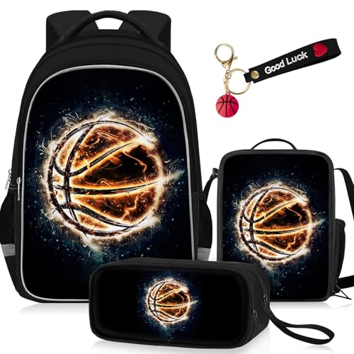 School Backpack for Boys - 4pcs Basketball Boys Backpack with Lunch Box and Pencil Case for Kids Children Teens Elementary Middle School - Students Bag for Ages 6-18,17″Bookbag Travel Back Pack - color: Basketball-05-backpack Set