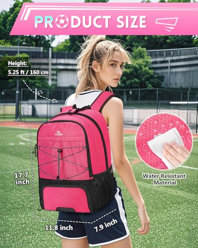 MATEIN Girls Soccer Backpack, Large Basketball Bag with Ball Holder & Shoe Compartment for Tournament & Game Day, Lightweight Youth Sports Bag with Fence Hook Fits 15.6 Inch Laptop, Soccer Team Gifts - color: Pink