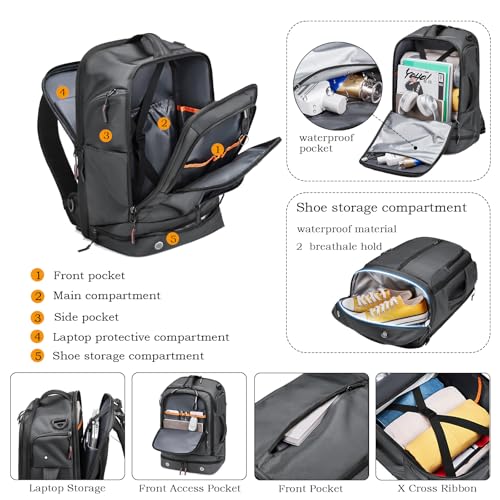 Somago 16 Inch Laptop Backpack Water Resistant Carry On Daypack Backpack Anti Theft Travel Rucksack Backpack with Shoe Compartment Shoulder Strap for Men Women, 33L (Grey) - color: Grey