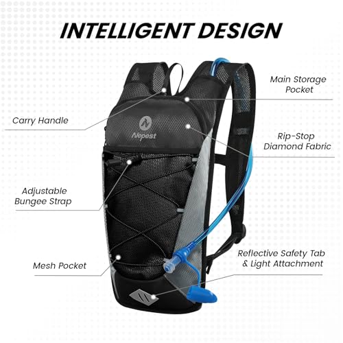 Nepest Hydration Backpack with 2L Water Bladder Water Back Pack, Black | 2L Water Bladder, Lightweight, Cycling, Hiking, Running, Biking, Bike - color: Black