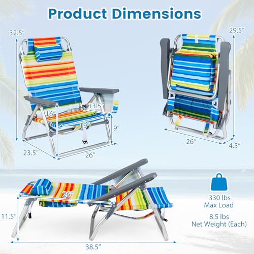 COSTWAY Portable Folding Backpack Beach Chairs Set of 2 with 5-Position Backrest, Padded Headrest, Cup Holder & Ice Bag for Lawn, Poolside (Rainbow Stripe) - color: Rainbow Stripe