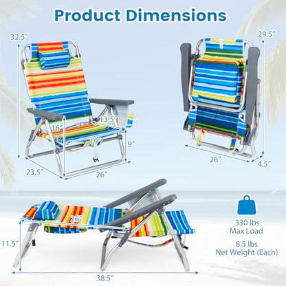 COSTWAY Portable Folding Backpack Beach Chairs Set of 2 with 5-Position Backrest, Padded Headrest, Cup Holder & Ice Bag for Lawn, Poolside (Rainbow Stripe) - color: Rainbow Stripe