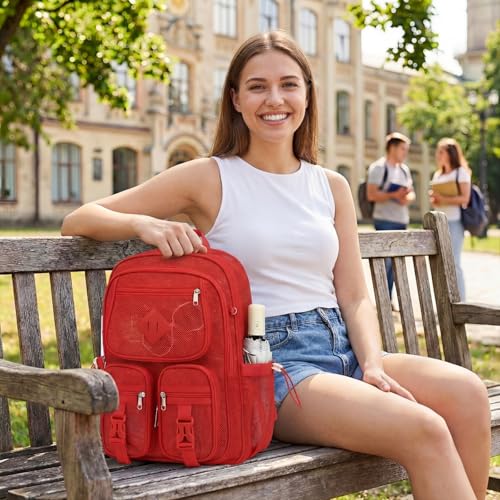 Mesh Backpack for Girls Boys, Women Mesh Bookbags Heavy Duty Semi-Transparent School Bag Net Back Pack for Travel, Beach, Swimming, Work - Red - color: Red