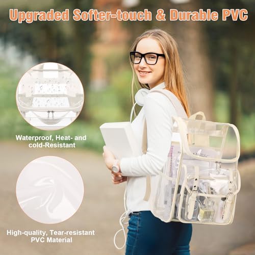DIGOBAY Clear Backpack with Lunch Bag Set, Leather Clear Backpack Heavy Duty Thick PVC Bookbag Fashion See Through Transparent Backpacks with Support Pad for College Travel Work Beige - color: Beige