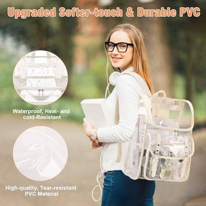 DIGOBAY Clear Backpack with Lunch Bag Set, Leather Clear Backpack Heavy Duty Thick PVC Bookbag Fashion See Through Transparent Backpacks with Support Pad for College Travel Work Beige - color: Beige