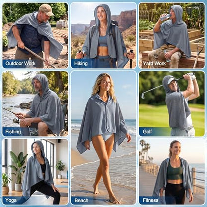 Cooling Hooded Beach Towel Cloak for Men Women - Double Layer PVA Fabric Cool Towel Cape, Instant Cooling Soft Ice Towelfor Beach Yoga Camping (Gray) - color: Gray