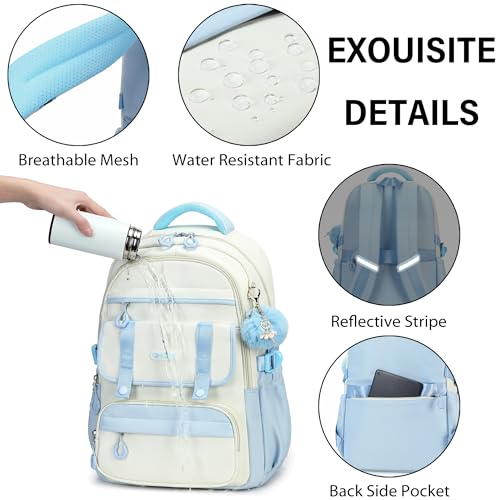 School Backpack for Girls, Laptop Backpack 15.6 Inch Kids Elementary Middle High School Bag Anti Theft Cute College Bookbags for Teens Girls Women Students Casual Travel Daypack,Blue Beige - color: Blue Beige