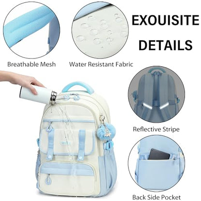 School Backpack for Girls, Laptop Backpack 15.6 Inch Kids Elementary Middle High School Bag Anti Theft Cute College Bookbags for Teens Girls Women Students Casual Travel Daypack,Blue Beige - color: Blue Beige