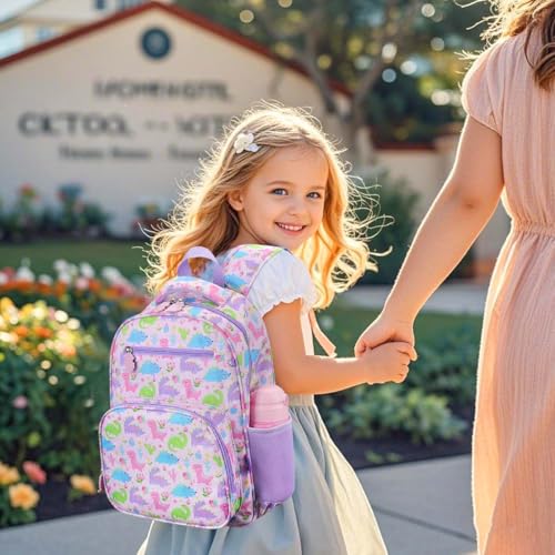 RHCPFOVR Kids Backpack for Girls - Girls Backpack 3-8 Ages Dinosaur for Kids 15 Inch School Bookbag for Kindergarten Elementary School Bookbag for Girl 1st 2nd Grade - style: Purple Dinosaur