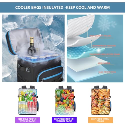 Backpack Cooler,40 Cans Cooler Backpack Insulated Waterproof&Leak Proof,Soft Cooler Bag with 2 Compartments for Men&Women,Picnic Backpack Ice Chest for Camping Hiking Fishing Lunch Beach - color: Black-Blue