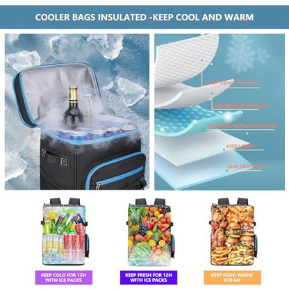Backpack Cooler,40 Cans Cooler Backpack Insulated Waterproof&Leak Proof,Soft Cooler Bag with 2 Compartments for Men&Women,Picnic Backpack Ice Chest for Camping Hiking Fishing Lunch Beach - color: Black-Blue