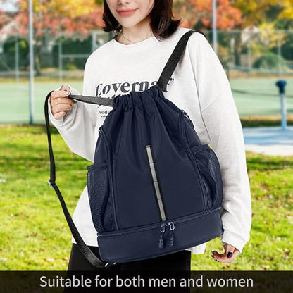 Sport Gym Bag Drawstring Backpack Beach Bag for Men Women with Shoe Compartment and Reflective Strips (Dark blue) - color: Dark Blue