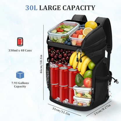 30L Cooler Backpack for Men Women, Leak Proof & Waterproof, Double Decker Insulated Backpack Cooler for Beach Camping Picnic (7.93 Gal, 48 Can) - color: Black