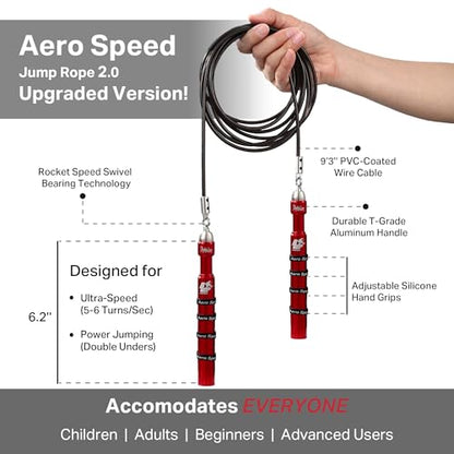 Buddy Lee Aero Speed Jump Rope 2.0 Upgraded Version with Sonic Rocket Speed Swivel Bearing | Tangle-Free & Adjustable Jump Rope for Men & Women - For Fitness, Double-Unders, and Cross-Training - color: Red