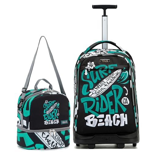 NEW TILAMI 19 Inch Rolling Backpack with Lunch Bag for Girls Boys Wheeled Laptop Backpack Durable Carry-on Bag School Travel, Beach Surf Rider - color: Green Beach Surf Rider
