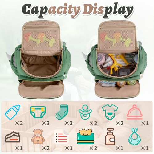 Diaper Bag Backpack, 22L Large Quilted Small Baby Bag with Changing Pad & Pacifier Case, Stroller Hooks, Easy-Access Baby Essential, Maternity Travel Backpack Unisex, Green - color: Green, size: Small