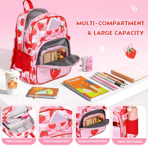 Toddler Backpack for Girls Ages 5-8, 3PCS Girls Backpack with Lunch Bag & Pencil Case - 15inch Kids School Bookbag for Preschool Kindergarten Elementary School (Strawberry) - color: Strawberry