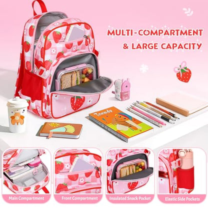 Toddler Backpack for Girls Ages 5-8, 3PCS Girls Backpack with Lunch Bag & Pencil Case - 15inch Kids School Bookbag for Preschool Kindergarten Elementary School (Strawberry) - color: Strawberry