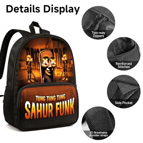 Zhazieon Adjustable Rucksack Lunch Bag Pencil Case Tung Tung Tung Sahur Backpacks 3pcs Set(Black-A3) - color: Black-a3
