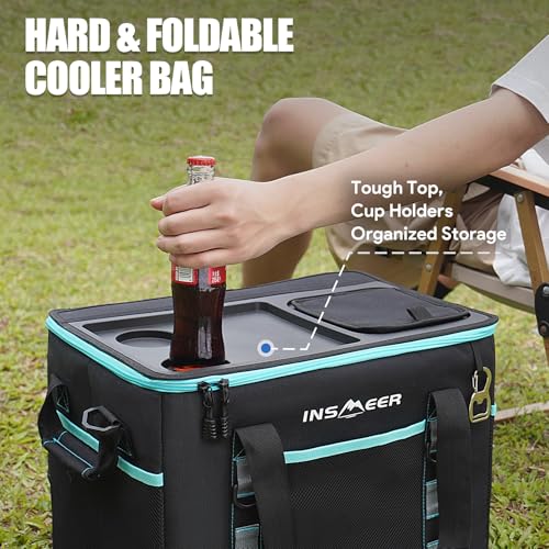 INSMEER Soft Cooler Bag with Hard Shell & 2 Cup Holders, Portable 40L/70 Cans Collapsible Cooler Bags Insulated with Leakproof for Travel, ice chests and Cooler Lunch Box for Beach Camping Picnic - color: Black