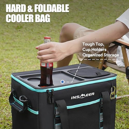 INSMEER Soft Cooler Bag with Hard Shell & 2 Cup Holders, Portable 40L/70 Cans Collapsible Cooler Bags Insulated with Leakproof for Travel, ice chests and Cooler Lunch Box for Beach Camping Picnic - color: Black