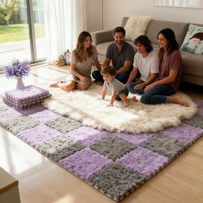 Thickened Plush Foam Interlocking Floor Carpet Mat,24 Piece 12x12in Fluffy Square Puzzle Foam Carpet Tiles with Edgings,Soft Anti-Slip Shaggy Area Rug Playmat(Color:Purple+Grey) - color: Purple+grey