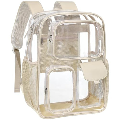 PACKISM Clear Backpack for School - 17 inch Large Heavy Duty Bookbag, Reinforced See Through PVC Transparent Backpack - color: Pu Straps Khaki 3 Pockets, style: Daypack Backpacks