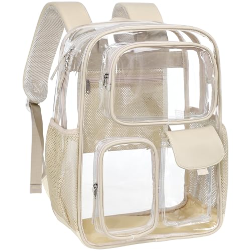 PACKISM Clear Backpack for School - 17 inch Large Heavy Duty Bookbag, Reinforced See Through PVC Transparent Backpack - color: Pu Straps Khaki 3 Pockets, style: Daypack Backpacks