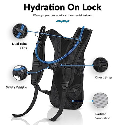 Water Buffalo Hydration Backpack - Lightweight Hydration Pack with 2L Water Bladder - Water Backpack for Hiking, Running, Biking, and Raves - Road Runner 12L Hydropack Backpack - color: Black