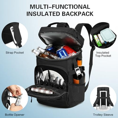 Tactical Cooler Backpack for Men, Double Deck Insulated Cooler Bag 40 Cans, Soft Lunch Backpack with 16H Ice Retention Waterproof Leakproof Picnic Backpack for Work Beach Camping BBQ Hiking - color: Black