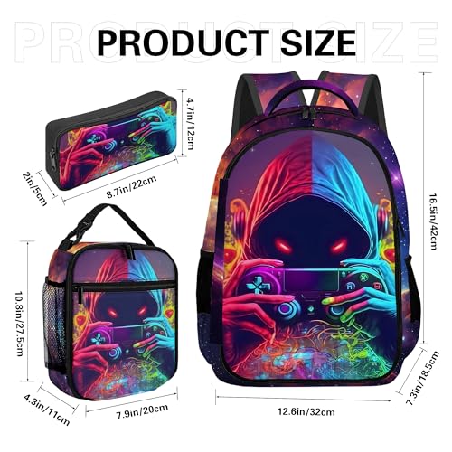 Boys Backpack with Lunch Box and Pencil Case, 3Pcs Gamer Backpack for Boys Teens, 17 Inch Large Capacity - color: GAME-LZWJ-6