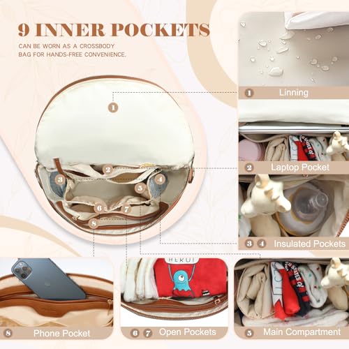 miss fong Diaper Bag Backpack Baby Diaper Bag, Large Leather Diaper Bag Backpack with Changing Pad,Pañaleras Para Bebe for Moms, Stroller Straps, and 2 Insulated Pockets(Convertible, Brown) - color: Brown