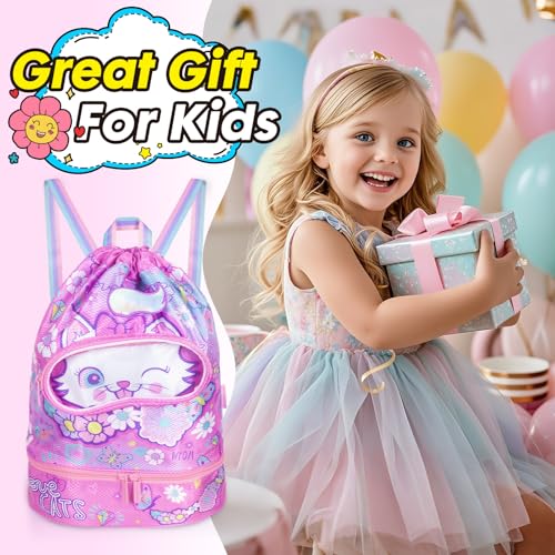 Drawstring Backpack for Kids Girls, Cute Cartoon Cat Waterproof Drawstring Bag String Swim Gym Sports Beach Bag with Shoes & Sunglasses Compartment and Wet Proof Pocket - color: J12. Cat