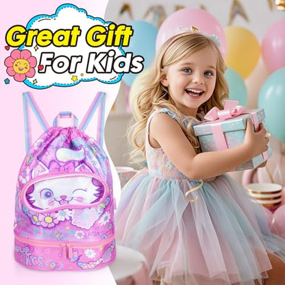 Drawstring Backpack for Kids Girls, Cute Cartoon Cat Waterproof Drawstring Bag String Swim Gym Sports Beach Bag with Shoes & Sunglasses Compartment and Wet Proof Pocket - color: J12. Cat
