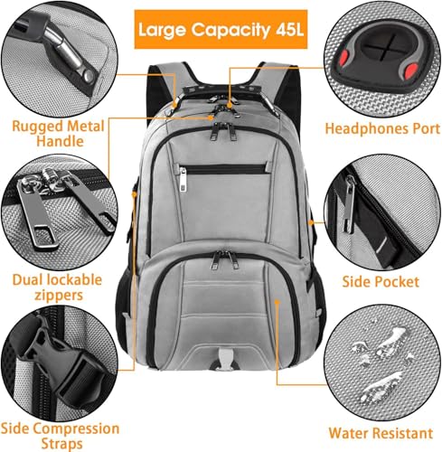 LTINVECK Extra Large 50L Travel Laptop Backpack, Computer bag Backbag, TSA Friendly Durable Big RFID Heavy Duty Business Tech Backpack Fits 17 Inch Laptops for Men Women, Grey - color: Full Grey
