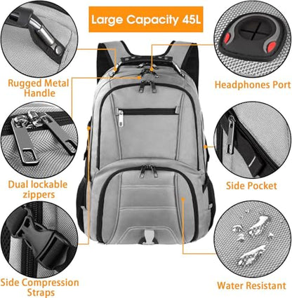 LTINVECK Extra Large 50L Travel Laptop Backpack, Computer bag Backbag, TSA Friendly Durable Big RFID Heavy Duty Business Tech Backpack Fits 17 Inch Laptops for Men Women, Grey - color: Full Grey