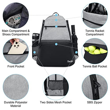 Sucipi Tennis Bag Professional Tennis Backpack for Men and Women Racket Bags Holds 2 Rackets with Ventilated Shoe Compartment - color: Black & Gray