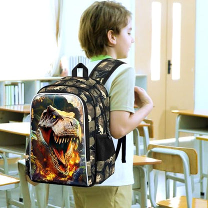 HPJGD 3PCS Dinosaur Kids Bookbag, Water Resistant Boys School Bag Set with Lunch Box, Cool Backpack for Elementary Preschool Toddler - Wall-Breaking T-Rex - color: Cool Uv Printed Wall-breaking T-rex Brown
