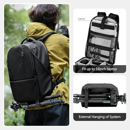 TAAOKA Camera Backpack, DSLR/SLR/Mirrorless Camera Bag for Photographer, Waterproof Camera bag with Tripod Holder & 16in Laptop Compartment Compatible with Canon/Nikon/Sony, Black