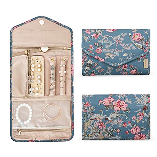 BAGSMART Travel Jewellery Organiser Roll Foldable Jewelry Case for Journey-Rings, Necklaces, Bracelets, Earrings, Flower Bird - color: Flower Bird, size: Medium