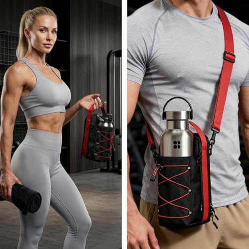 369 Water Bottle Holder with Strap, Magnetic Gym Bag Bottle Carrier Holder with Phone Pockets & Shoulder Strap, Magnetic Water Bottle Holder Gym Accessories, 25oz/40oz/64oz Bottle Pouch Holder