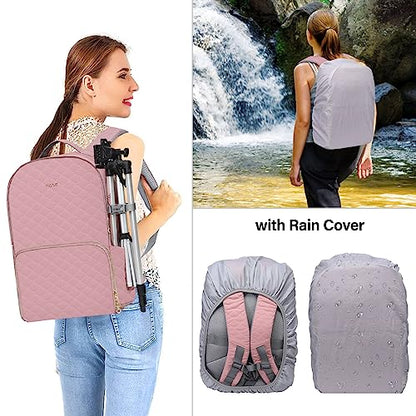 MOSISO Camera Backpack with Rain Cover, DSLR/SLR/Mirrorless Rhombus Quilted Camera Bag for Photographers with Tripod Holder&15-16 inch Laptop Compartment Compatible with Canon/Nikon/Sony, Cameo Pink