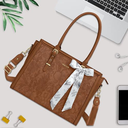 MOSISO Laptop Bag for Women, 15.6-16 inch PU Leather Tote Bag Compatible with MacBook, HP, Dell, Asus Notebook, Front Embossed Retro Hibiscus Computer Bags with Silk Scarf&Clutch Purse, Brown - color: Brown, size: 16 inch