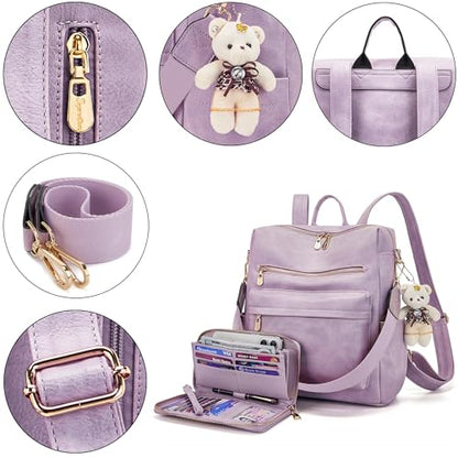 Soperwillton Women Backpack Purse Multipurpose Design Handbags Shoulder Bag PU Leather Travel bag Backpack Set 2pcs - color: Lightpurple